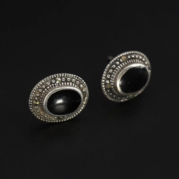 Onyx Marcasite Sterling Silver Post Stud Earrings - Picture 1 of 7